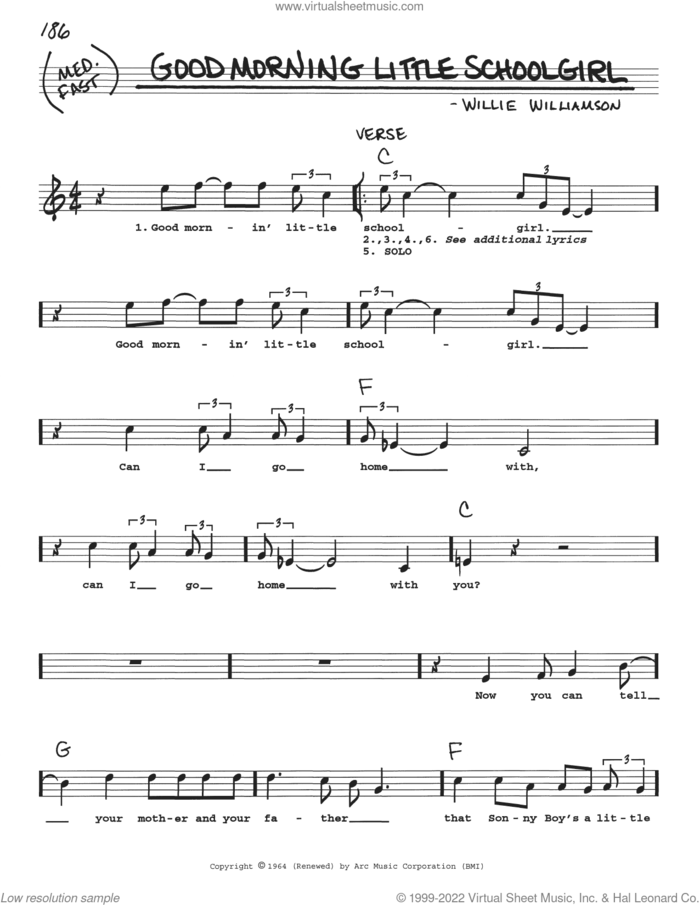 Good Morning Little Schoolgirl sheet music for voice and other instruments (real book with lyrics) by Eric Clapton, Jonny Lang, Rod Stewart and Willie Williamson, intermediate skill level