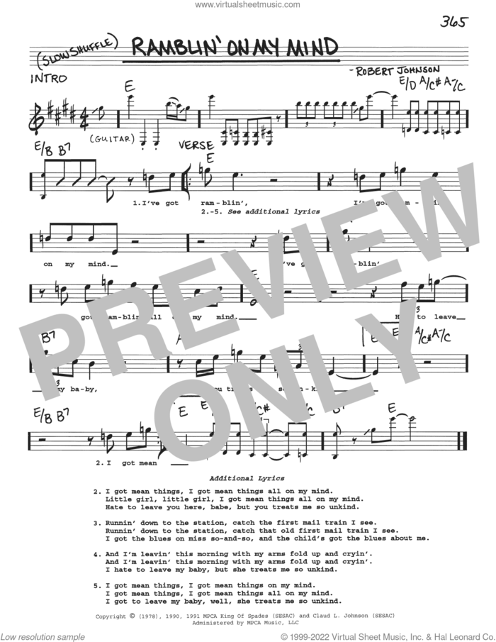 Ramblin' On My Mind sheet music for voice and other instruments (real book with lyrics) by Eric Clapton and Robert Johnson, intermediate skill level