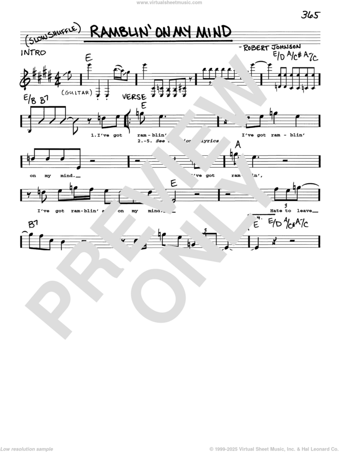 Ramblin' On My Mind sheet music for voice and other instruments (real book with lyrics) by Eric Clapton and Robert Johnson, intermediate skill level