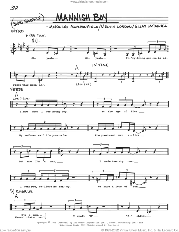 Mannish Boy sheet music for voice and other instruments (real book with lyrics) by Muddy Waters, Jimi Hendrix, Ellas McDaniels, McKinley Morganfield and Melvin London, intermediate skill level