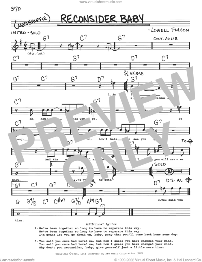 Reconsider Baby sheet music for voice and other instruments (real book with lyrics) by Elvis Presley and Lowell Fulson, intermediate skill level