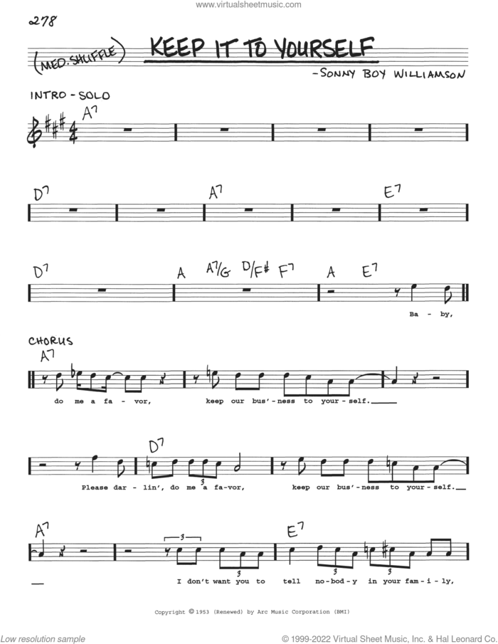 Keep It To Yourself sheet music for voice and other instruments (real book with lyrics) by Sonny Boy Williamson, intermediate skill level