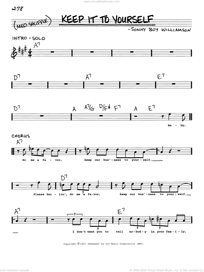 Keep It To Yourself sheet music for voice and other instruments (real book with lyrics) by Sonny Boy Williamson, intermediate skill level