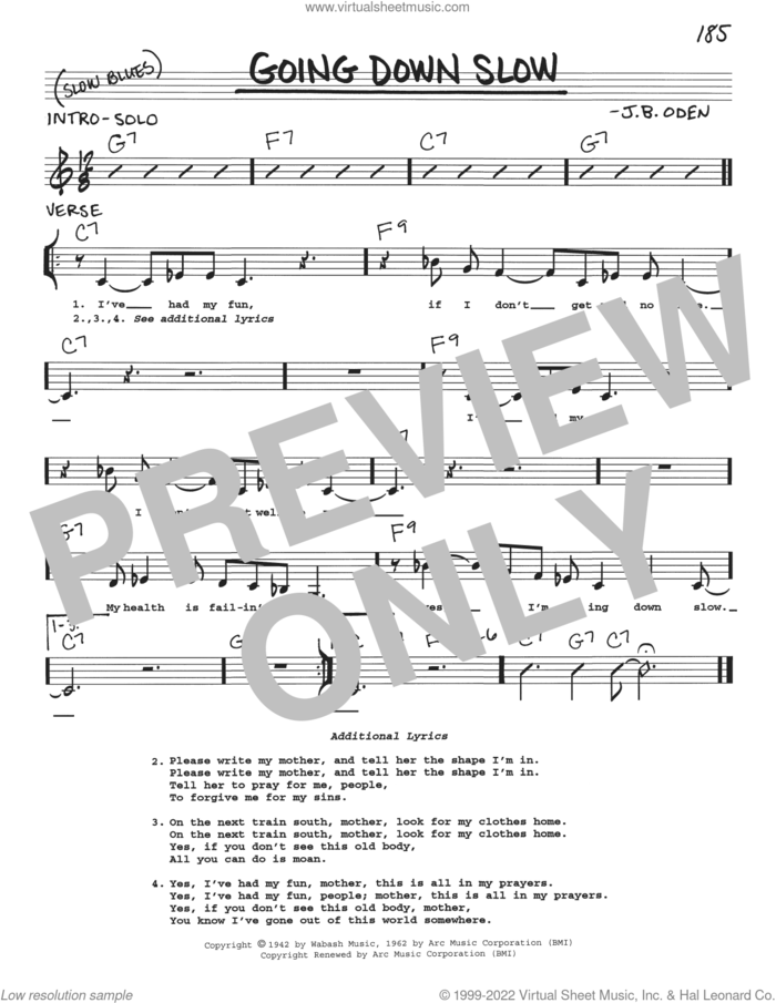 Going Down Slow sheet music for voice and other instruments (real book with lyrics) by Eric Clapton and J.B. Oden, intermediate skill level