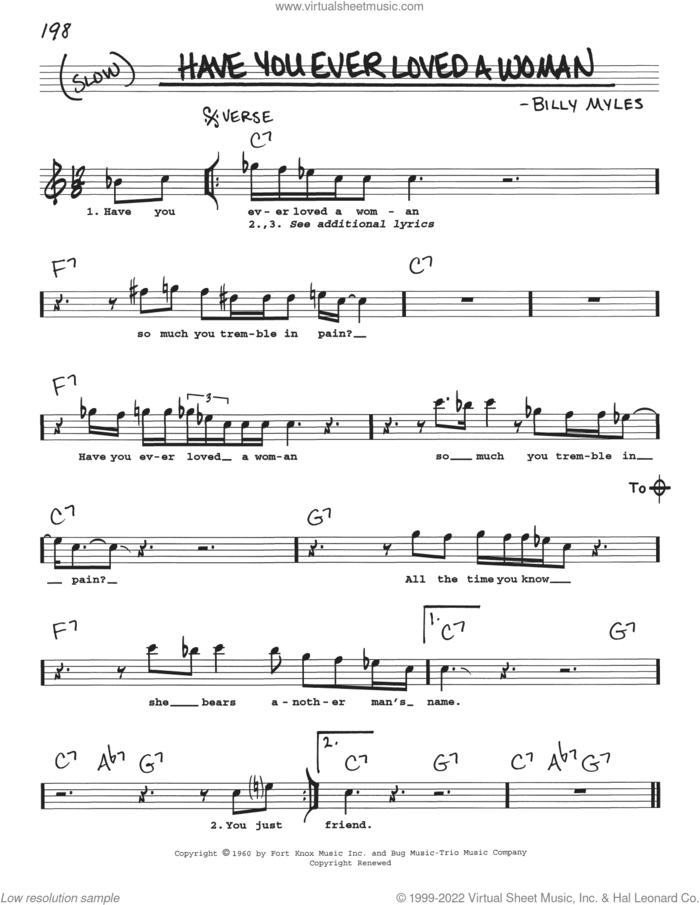 Have You Ever Loved A Woman sheet music for voice and other instruments (real book with lyrics) by Eric Clapton and Billy Myles, intermediate skill level