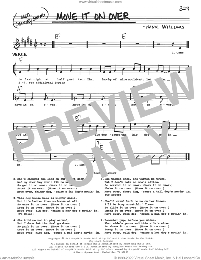 Move It On Over sheet music for voice and other instruments (real book with lyrics) by Hank Williams, Buddy Alan and Travis Tritt with George Thorogood, intermediate skill level