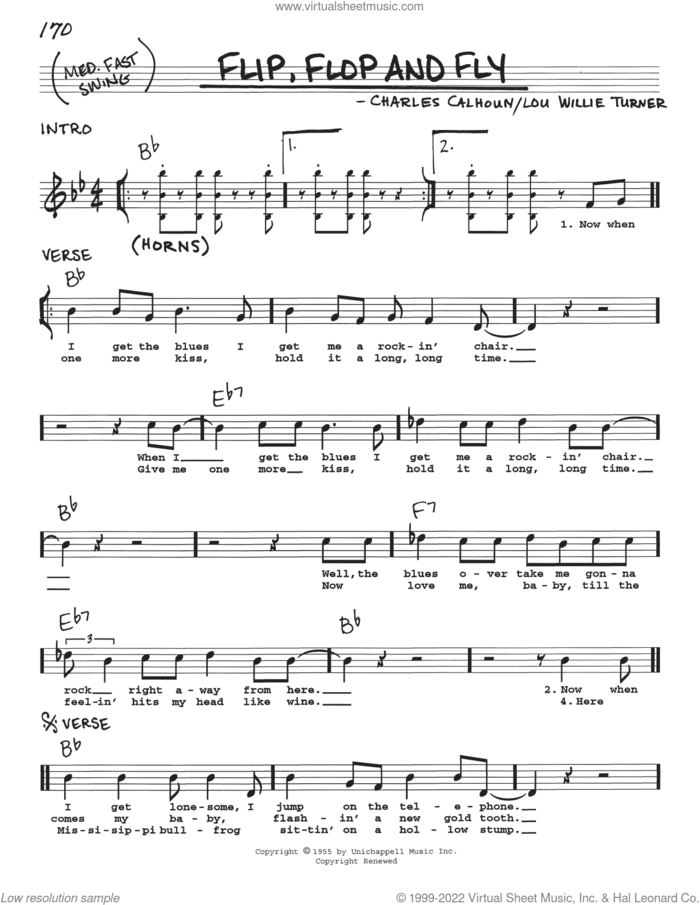 Flip, Flop And Fly sheet music for voice and other instruments (real book with lyrics) by Charles Calhoun and Lou Willie Turner, intermediate skill level