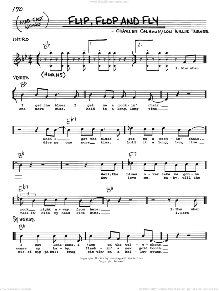 Flip, Flop And Fly sheet music for voice and other instruments (real book with lyrics) by Charles Calhoun and Lou Willie Turner, intermediate skill level