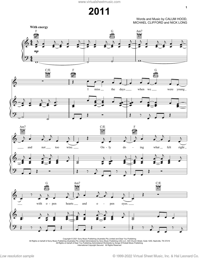 2011 sheet music for voice, piano or guitar by 5 Seconds of Summer, Calum Hood, Michael Clifford and Nick Long, intermediate skill level