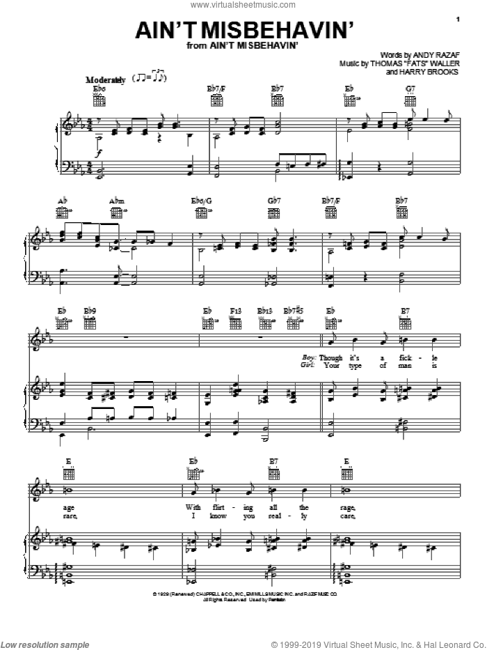 Ain't Misbehavin' sheet music for voice, piano or guitar by Andy Razaf, Louis Armstrong, Thomas Waller, Thomas Waller and Harry Brooks, intermediate skill level