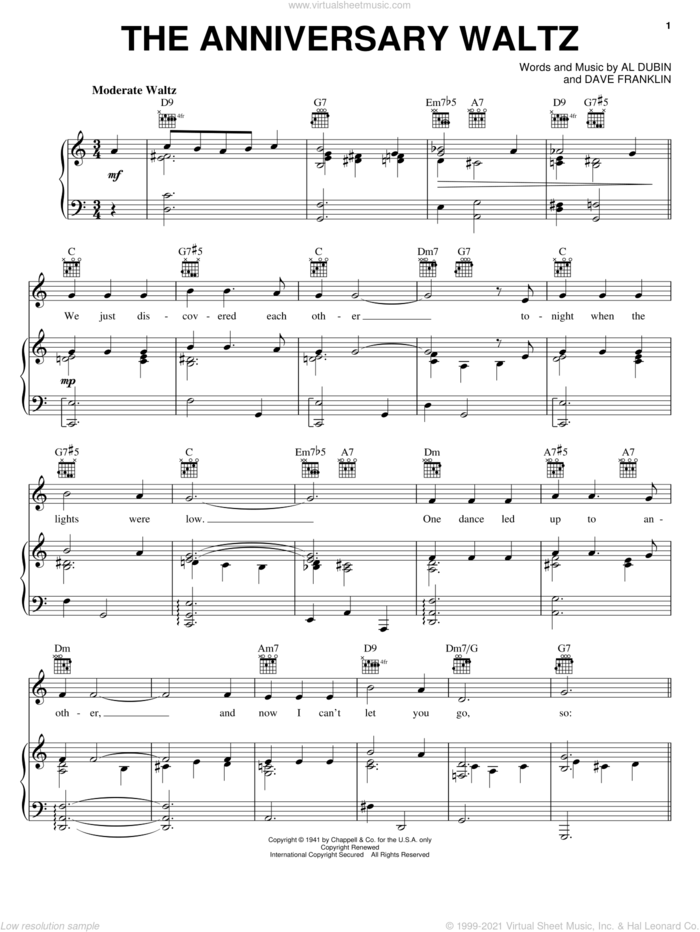The Anniversary Waltz sheet music for voice, piano or guitar by Bing Crosby, Lawrence Welk, Vera Lynn, Al Dubin and Dave Franklin, wedding score, intermediate skill level