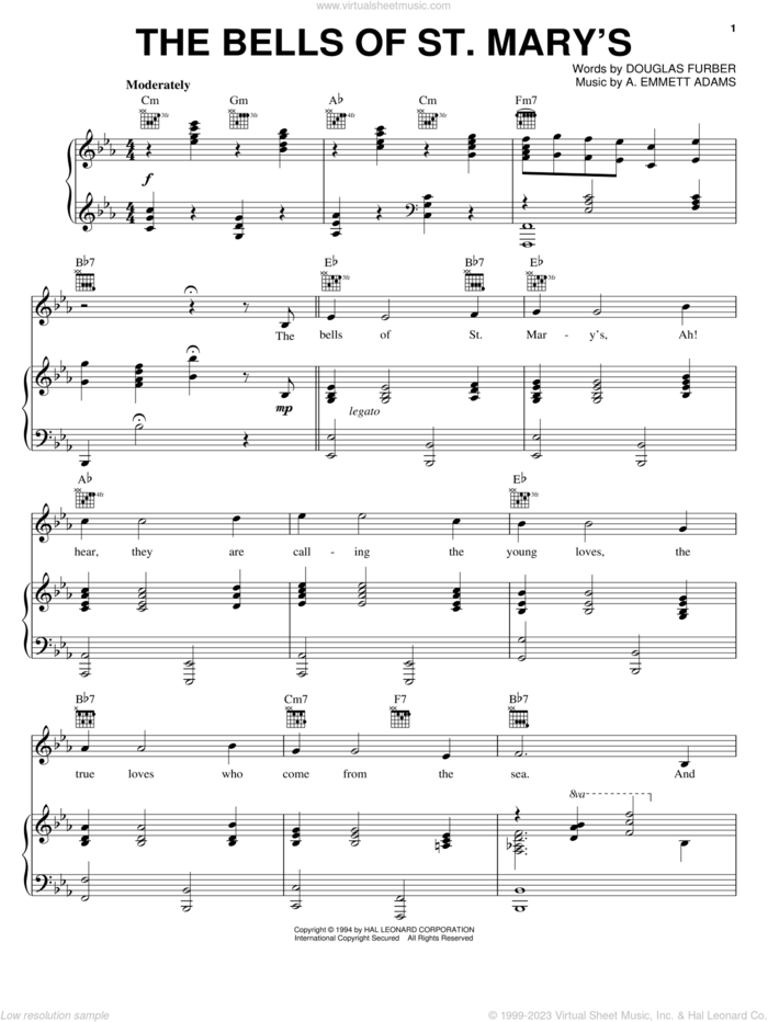 The Bells Of St. Mary's sheet music for voice, piano or guitar by Vera Lynn, Chet Atkins, Perry Como, A. Emmett Adams and Douglas Furber, intermediate skill level