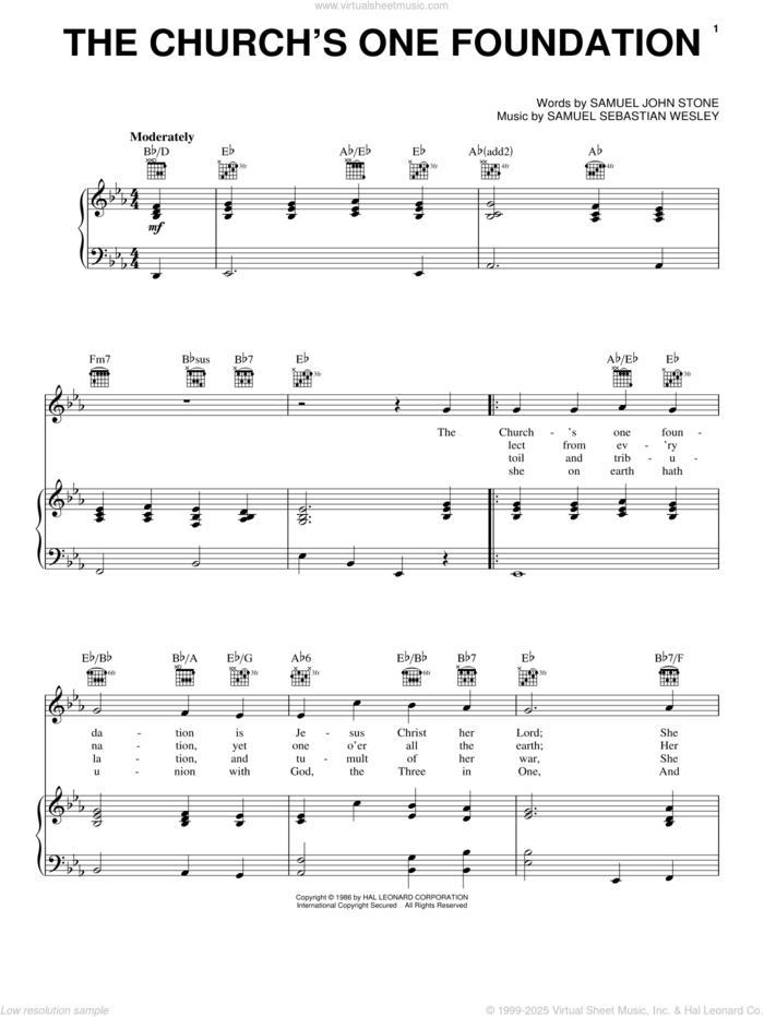 The Church's One Foundation sheet music for voice, piano or guitar by Samuel John Stone and Samuel Sebastian Wesley, intermediate skill level