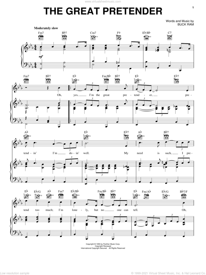 The Great Pretender sheet music for voice, piano or guitar by The Platters and Buck Ram, intermediate skill level