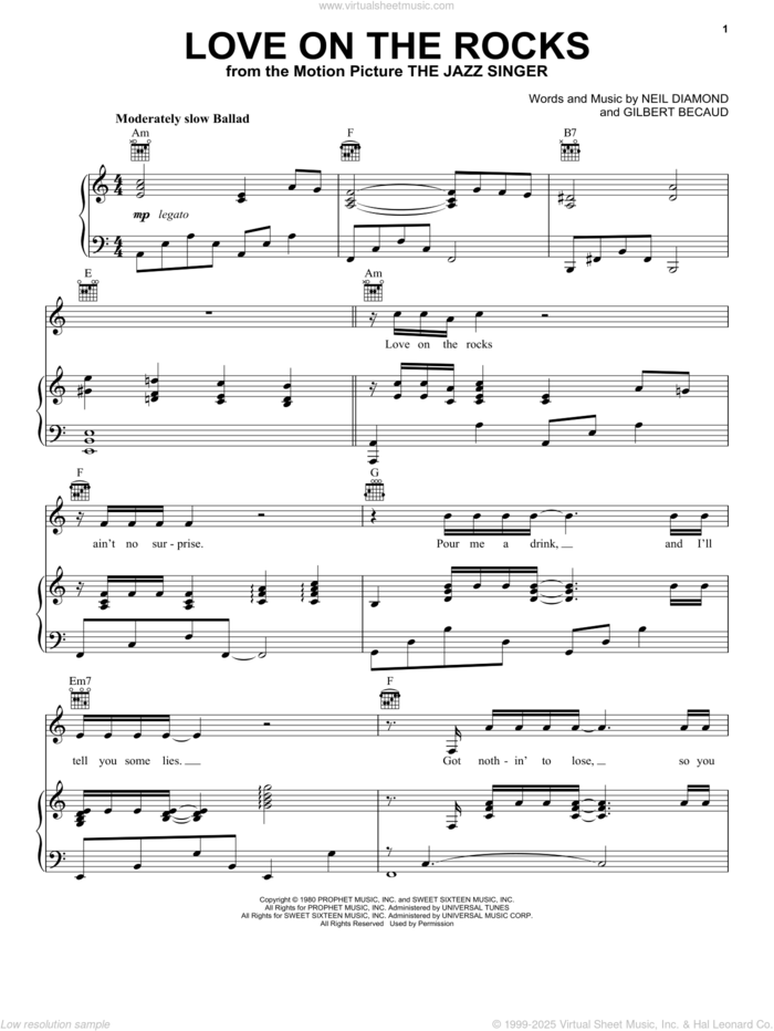 Love On The Rocks sheet music for voice, piano or guitar by Neil Diamond and Gilbert Becaud, intermediate skill level