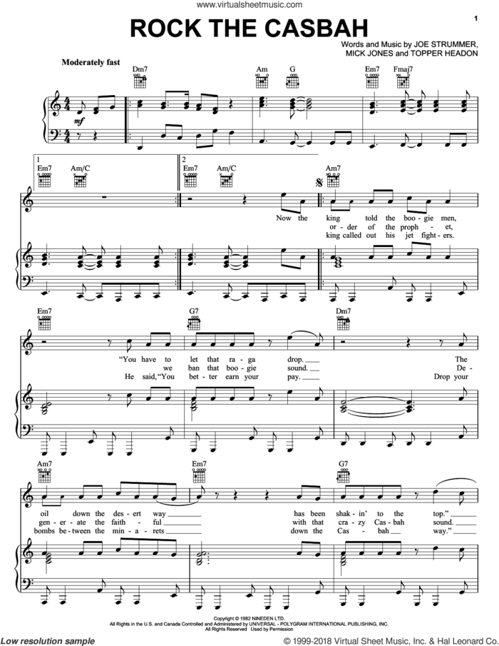 Rock The Casbah sheet music for voice, piano or guitar by The Clash, Joe Strummer, Mick Jones and Topper Headon, intermediate skill level