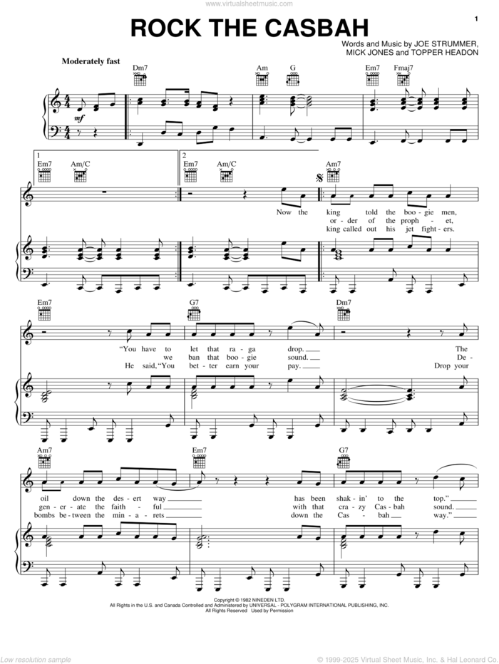 Rock The Casbah sheet music for voice, piano or guitar by The Clash, Joe Strummer, Mick Jones and Topper Headon, intermediate skill level