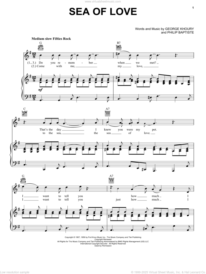 Sea Of Love sheet music for voice, piano or guitar by Phil Phillips, The Honeydrippers, George Khoury and Phil Baptiste, intermediate skill level