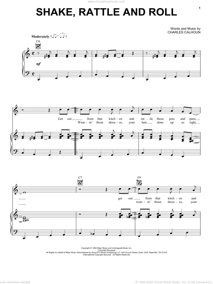 Shake, Rattle And Roll sheet music for voice, piano or guitar by Bill Haley and Charles Calhoun, intermediate skill level