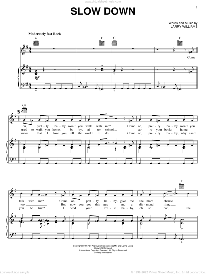 Slow Down sheet music for voice, piano or guitar by The Beatles and Larry Williams, intermediate skill level