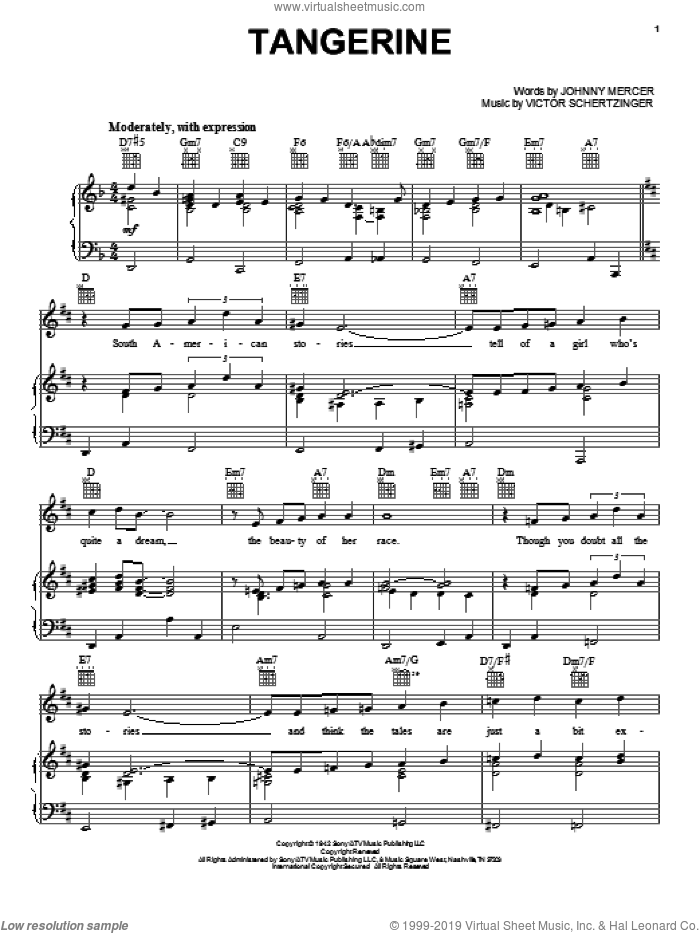 Tangerine sheet music for voice, piano or guitar by Jimmy Dorsey, Benny Goodman, Dean Martin, Johnny Mercer and Victor Schertzinger, intermediate skill level