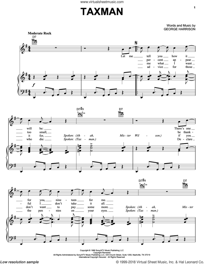 Taxman sheet music for voice, piano or guitar by The Beatles and George Harrison, intermediate skill level