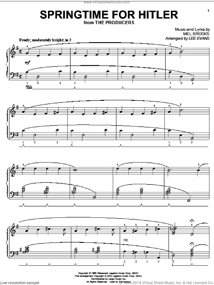 Springtime For Hitler, (intermediate) sheet music for piano solo by Mel Brooks and The Producers (Musical), intermediate skill level