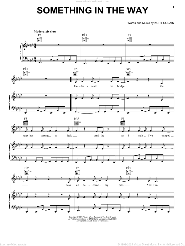 Something In The Way sheet music for voice, piano or guitar by Nirvana and Kurt Cobain, intermediate skill level