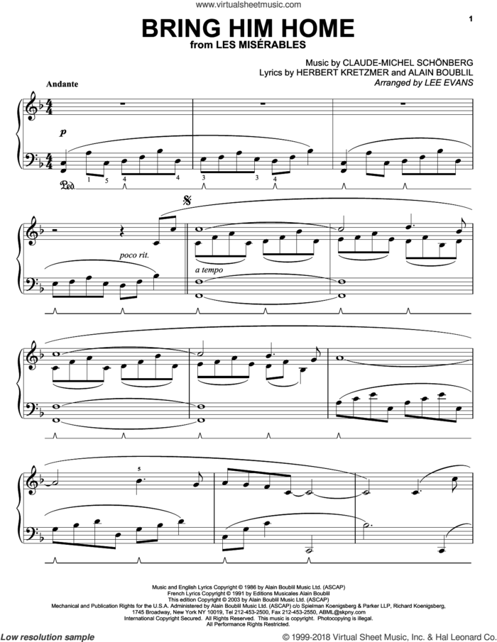 Bring Him Home (from Les Miserables) sheet music for piano solo by Alain Boublil, Lee Evans, Les Miserables (Musical), Claude-Michel Schonberg and Herbert Kretzmer, intermediate skill level