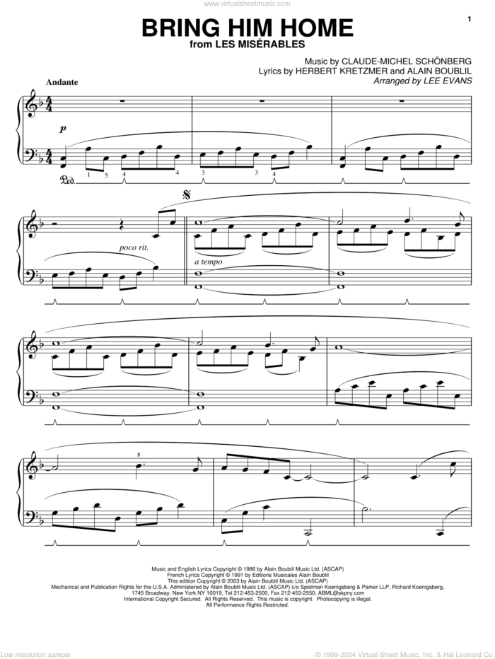 Bring Him Home (from Les Miserables) sheet music for piano solo by Alain Boublil, Lee Evans, Les Miserables (Musical), Claude-Michel Schonberg and Herbert Kretzmer, intermediate skill level