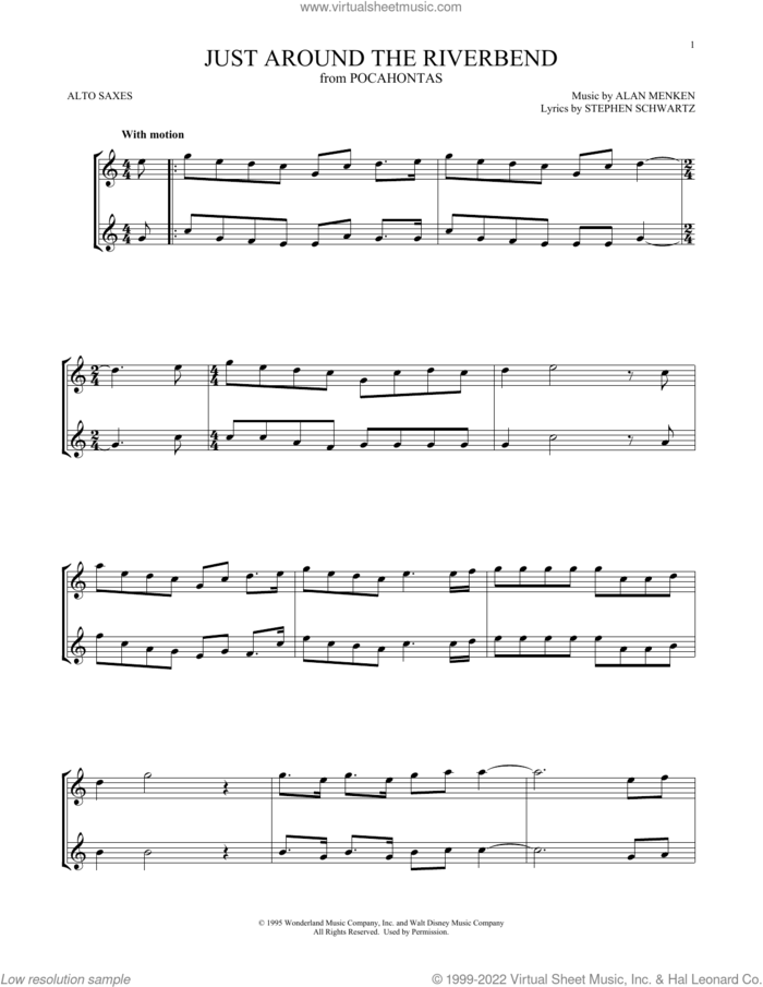 Just Around The Riverbend (from Pocahontas) sheet music for two alto saxophones (duets) by Alan Menken and Stephen Schwartz, intermediate skill level