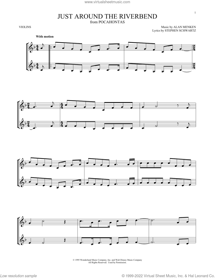 Just Around The Riverbend (from Pocahontas) sheet music for two violins (duets, violin duets) by Alan Menken and Stephen Schwartz, intermediate skill level