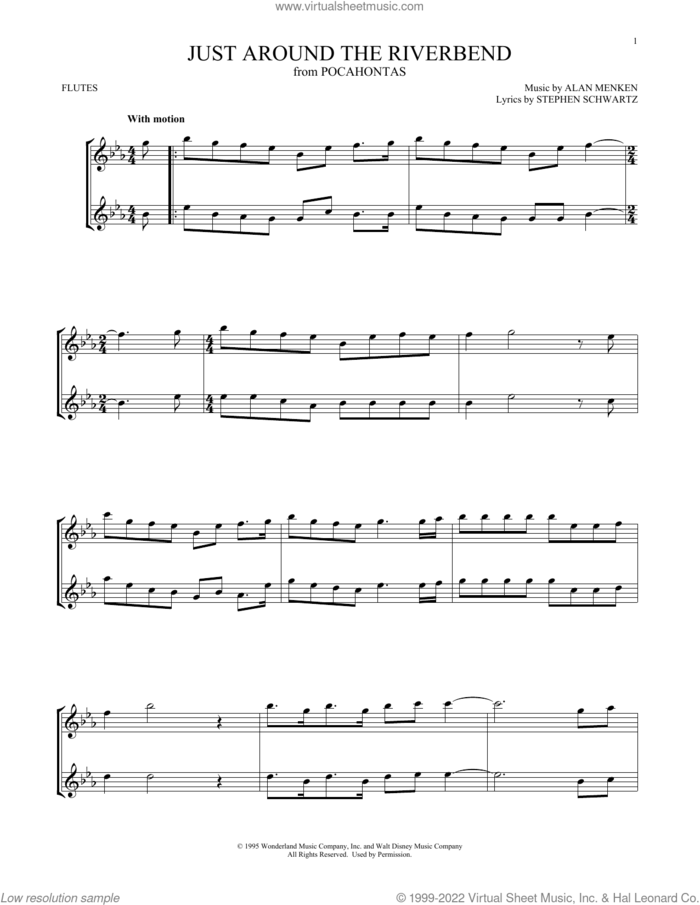 Just Around The Riverbend (from Pocahontas) sheet music for two flutes (duets) by Alan Menken and Stephen Schwartz, intermediate skill level