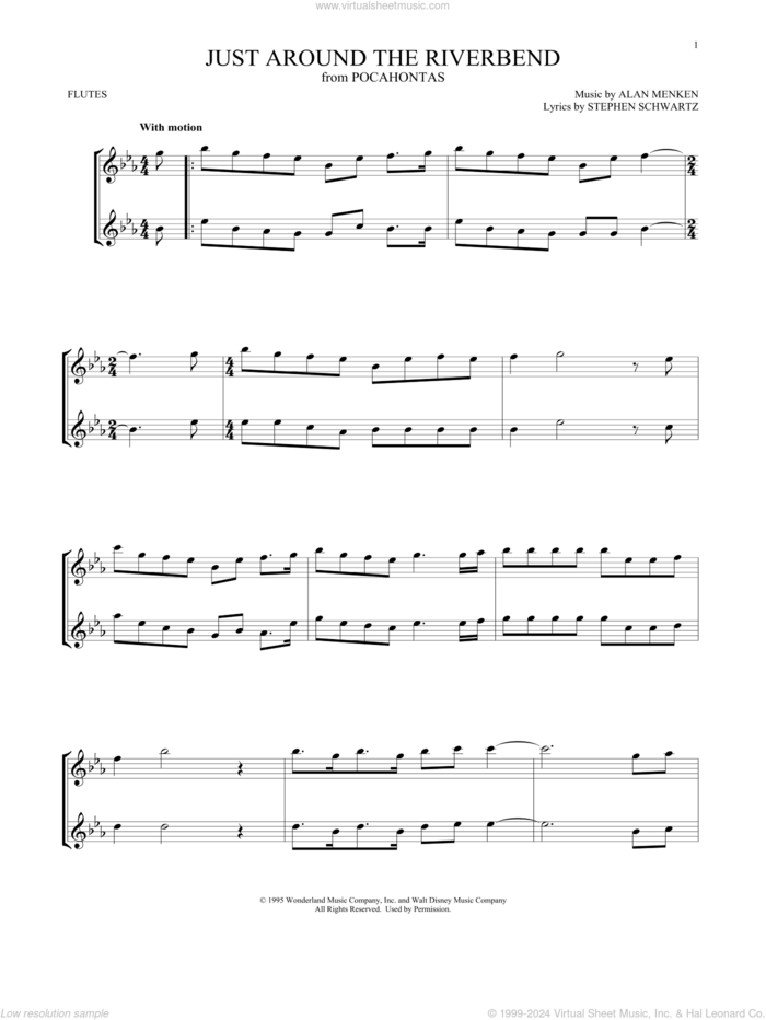 Just Around The Riverbend (from Pocahontas) sheet music for two flutes (duets) by Alan Menken and Stephen Schwartz, intermediate skill level