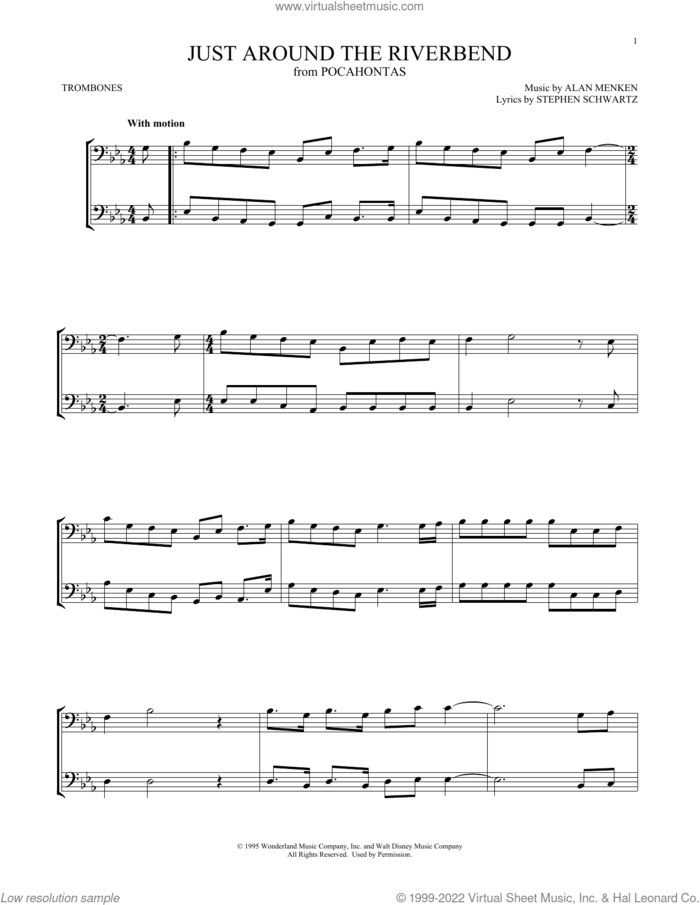Just Around The Riverbend (from Pocahontas) sheet music for two trombones (duet, duets) by Alan Menken and Stephen Schwartz, intermediate skill level