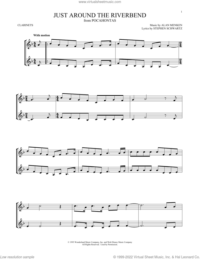 Just Around The Riverbend (from Pocahontas) sheet music for two clarinets (duets) by Alan Menken and Stephen Schwartz, intermediate skill level