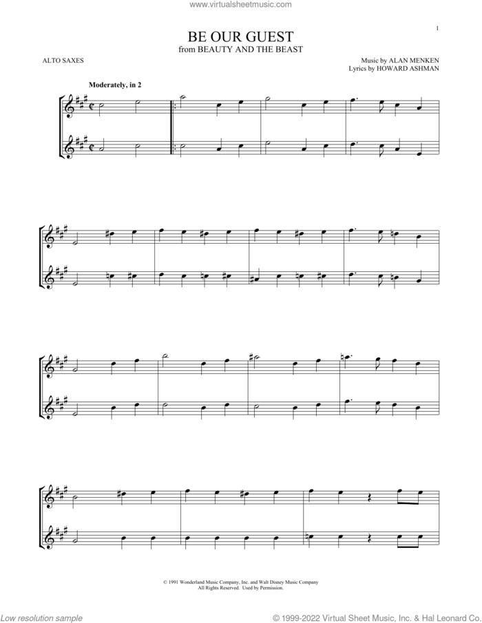 Be Our Guest (from Beauty And The Beast) sheet music for two alto saxophones (duets) by Alan Menken, Alan Menken & Howard Ashman and Howard Ashman, intermediate skill level