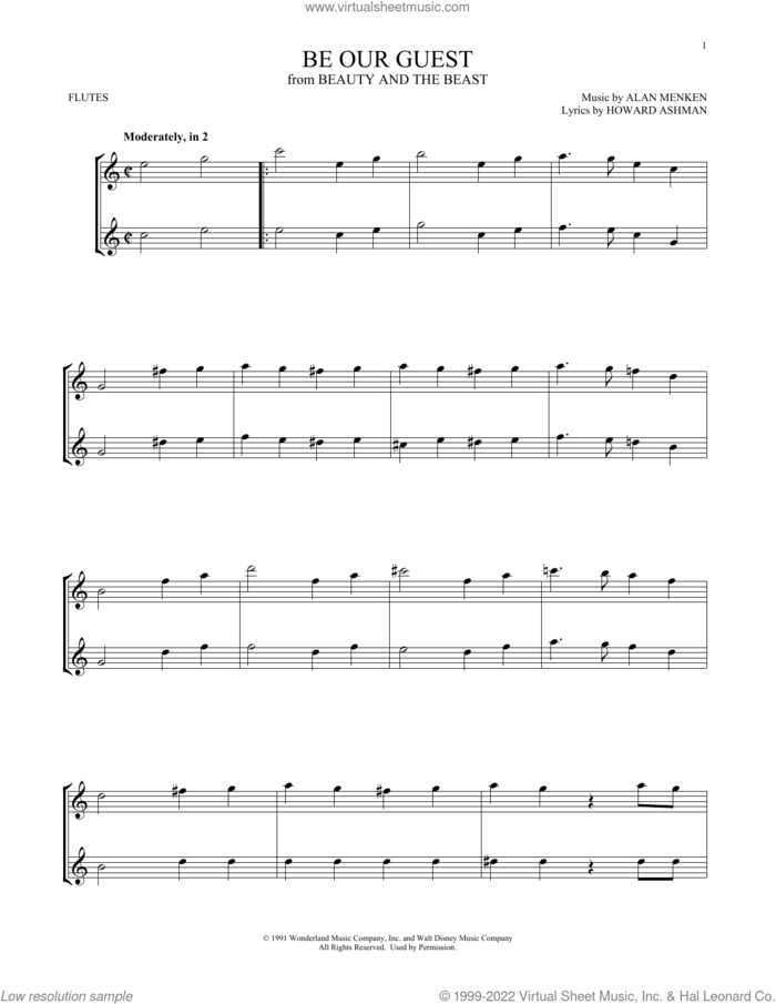Be Our Guest (from Beauty And The Beast) sheet music for two flutes (duets) by Alan Menken, Alan Menken & Howard Ashman and Howard Ashman, intermediate skill level