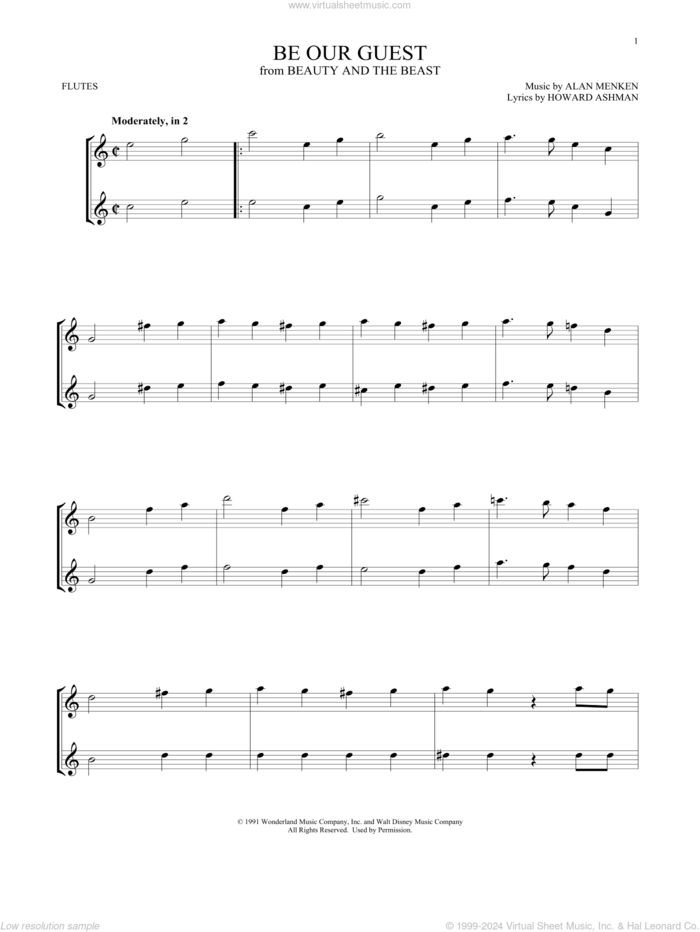 Be Our Guest (from Beauty And The Beast) sheet music for two flutes (duets) by Alan Menken, Alan Menken & Howard Ashman and Howard Ashman, intermediate skill level