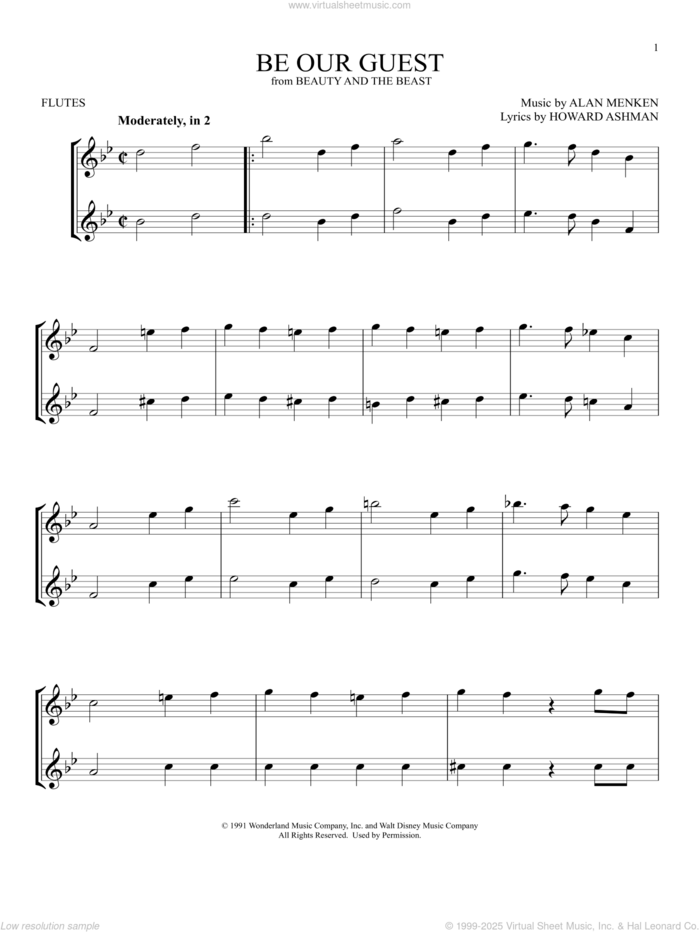 Be Our Guest (from Beauty And The Beast) sheet music for two flutes (duets) by Alan Menken, Alan Menken & Howard Ashman and Howard Ashman, intermediate skill level