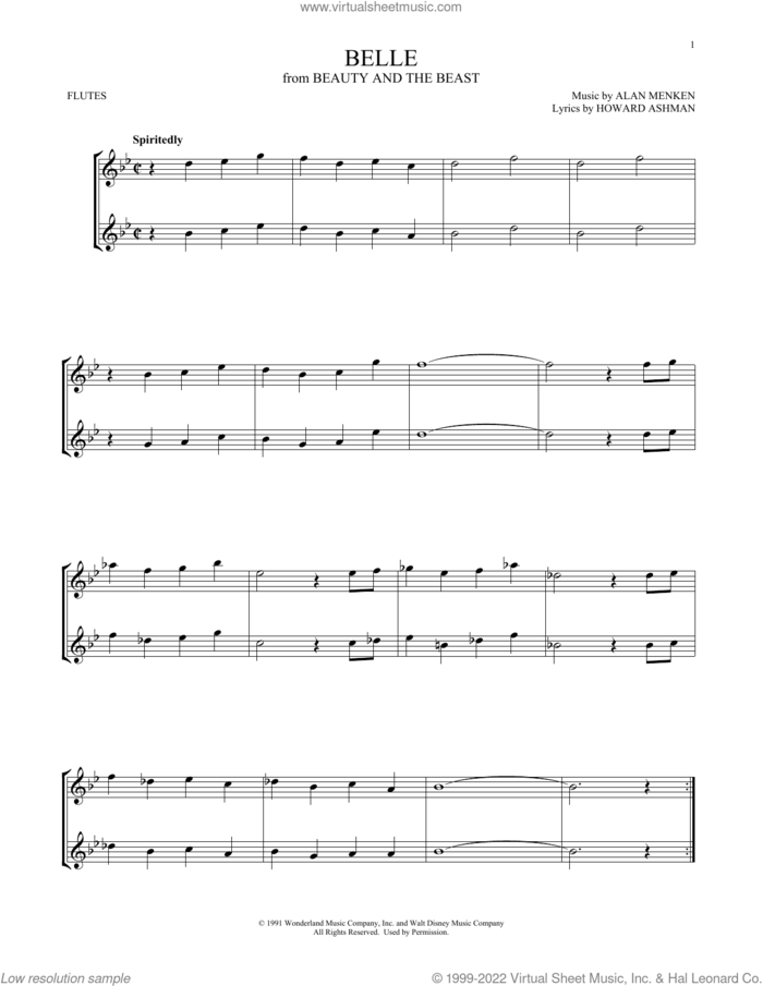 Belle (from Beauty And The Beast) sheet music for two flutes (duets) by Alan Menken and Howard Ashman, intermediate skill level