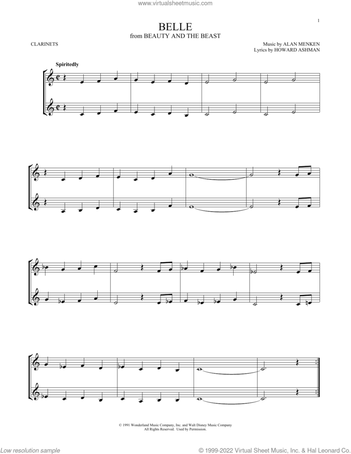 Belle (from Beauty And The Beast) sheet music for two clarinets (duets) by Alan Menken & Howard Ashman, Alan Menken and Howard Ashman, intermediate skill level