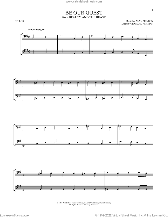 Be Our Guest (from Beauty And The Beast) sheet music for two cellos (duet, duets) by Alan Menken, Alan Menken & Howard Ashman and Howard Ashman, intermediate skill level