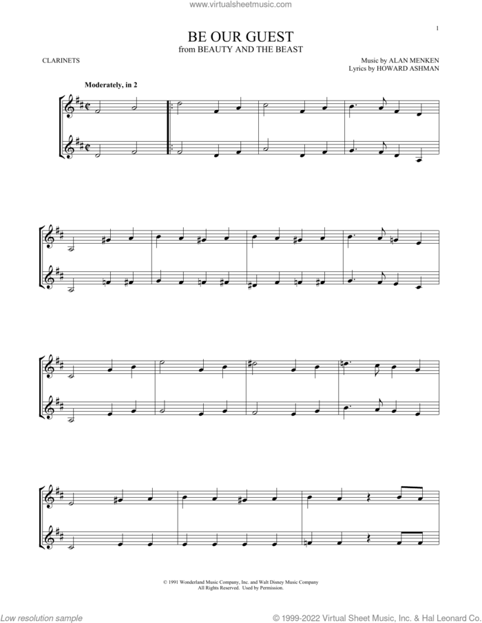 Be Our Guest (from Beauty And The Beast) sheet music for two clarinets (duets) by Alan Menken, Alan Menken & Howard Ashman and Howard Ashman, intermediate skill level