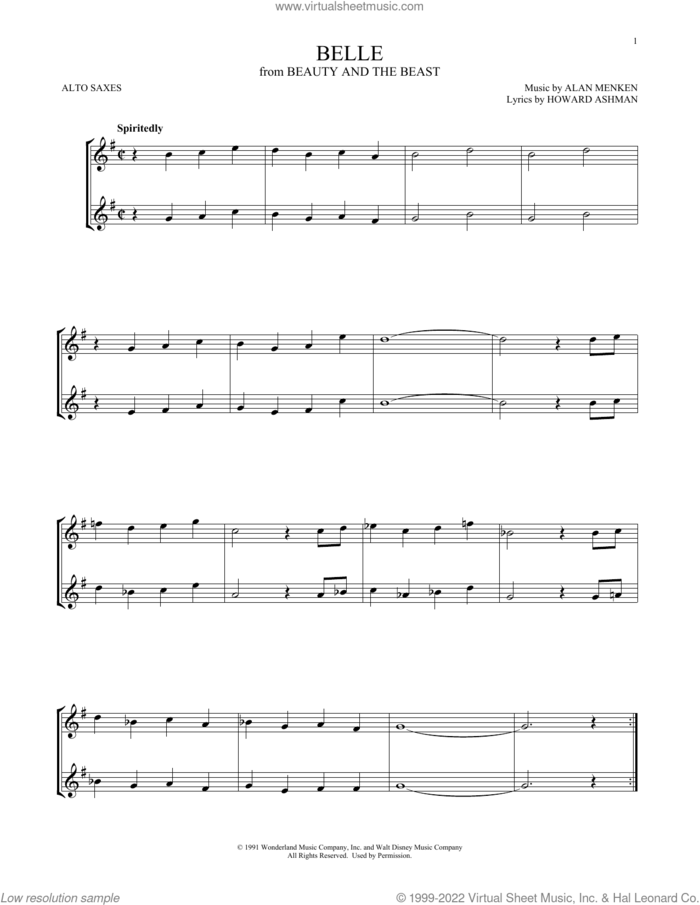 Belle (from Beauty And The Beast) sheet music for two alto saxophones (duets) by Alan Menken & Howard Ashman, Alan Menken and Howard Ashman, intermediate skill level