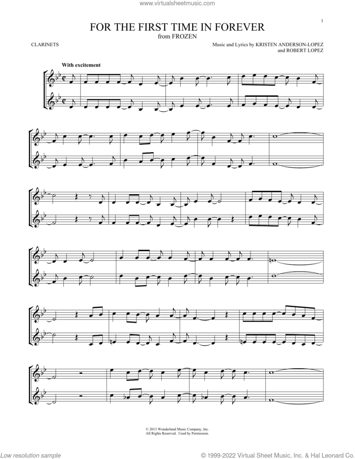 For The First Time In Forever (from Frozen) sheet music for two clarinets (duets) by Robert Lopez, Kristen Bell, Idina Menzel and Kristen Anderson-Lopez, intermediate skill level