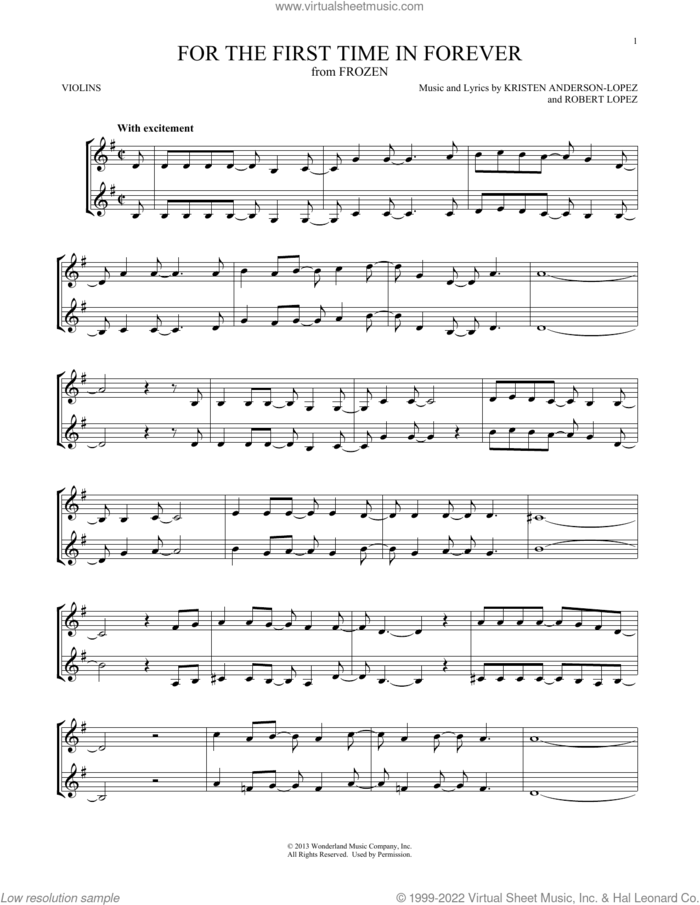 For The First Time In Forever (from Frozen) sheet music for two violins (duets, violin duets) by Robert Lopez, Kristen Bell, Idina Menzel and Kristen Anderson-Lopez, intermediate skill level