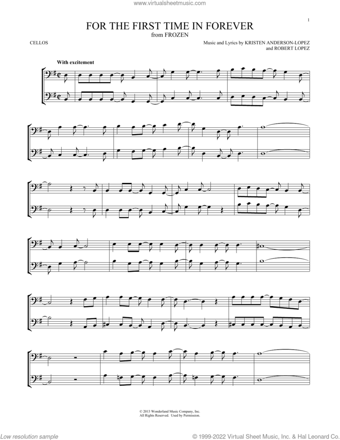For The First Time In Forever (from Frozen) sheet music for two cellos (duet, duets) by Robert Lopez, Kristen Bell, Idina Menzel and Kristen Anderson-Lopez, intermediate skill level