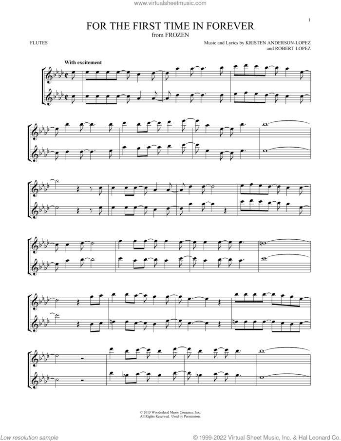For The First Time In Forever (from Frozen) sheet music for two flutes (duets) by Robert Lopez, Kristen Bell, Idina Menzel and Kristen Anderson-Lopez, intermediate skill level
