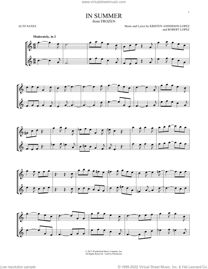 In Summer (from Frozen) sheet music for two alto saxophones (duets) by Josh Gad, Kristen Anderson-Lopez and Robert Lopez, intermediate skill level